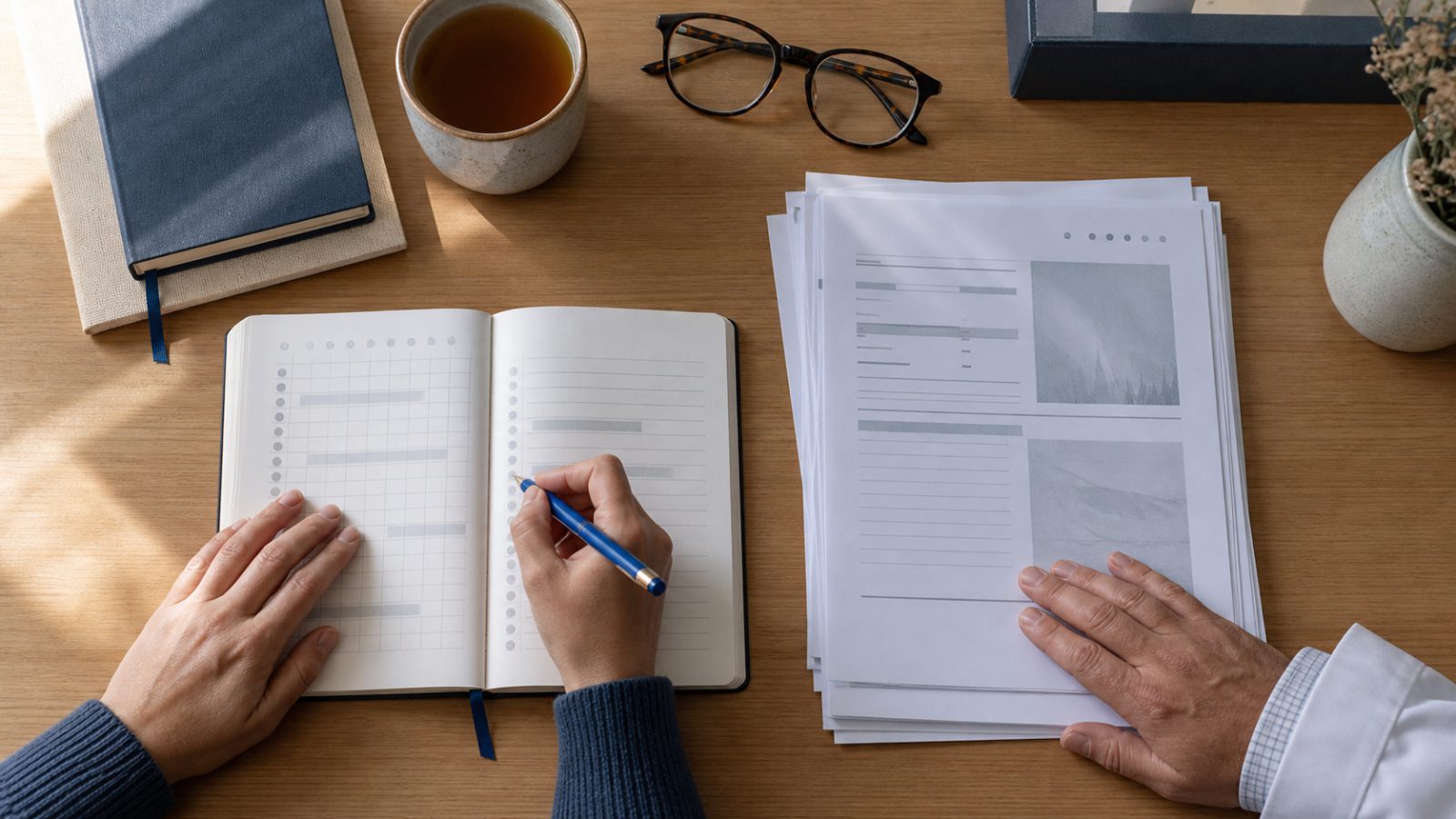 Patient and clinician reviewing a symptom journal and care records