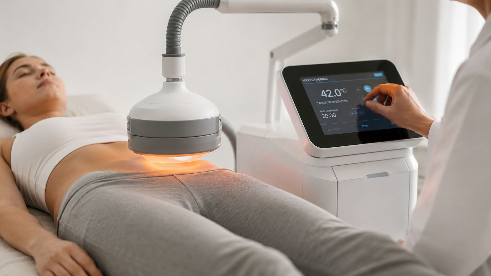 A patient receiving a hyperthermia treatment session from a practitioner using a specialized medical device.