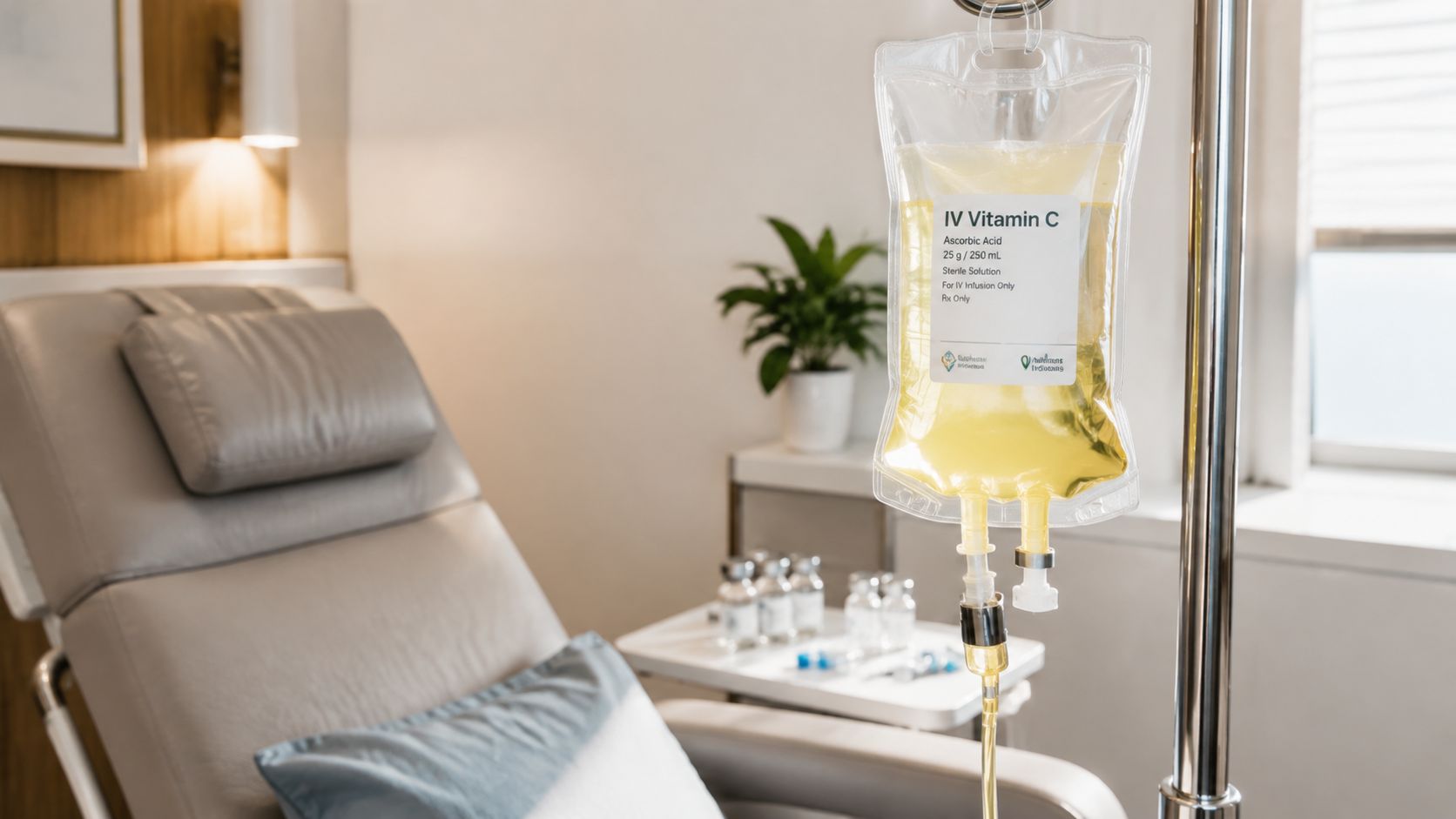 A close-up view of an IV Vitamin C drip bag hanging in a medical clinic setting.