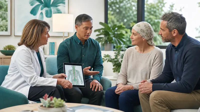 Oncology physicians meeting with a lymphoma patient and partner about treatment and supportive care