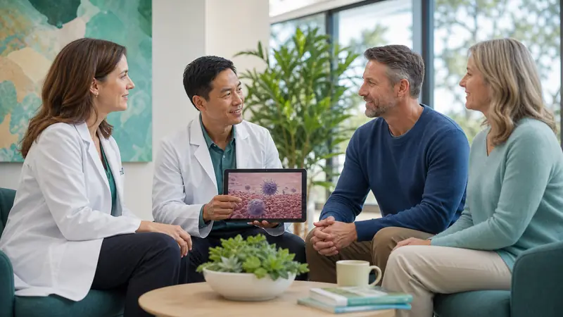 Oncology physicians meeting with a melanoma patient and partner about treatment and supportive care