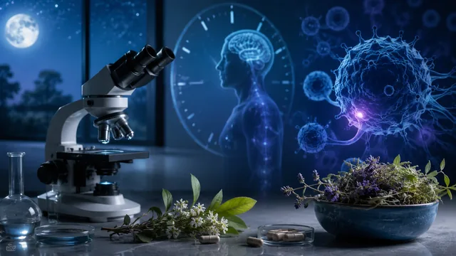 Melatonin molecule and circadian cancer research with microscope and botanical laboratory setting