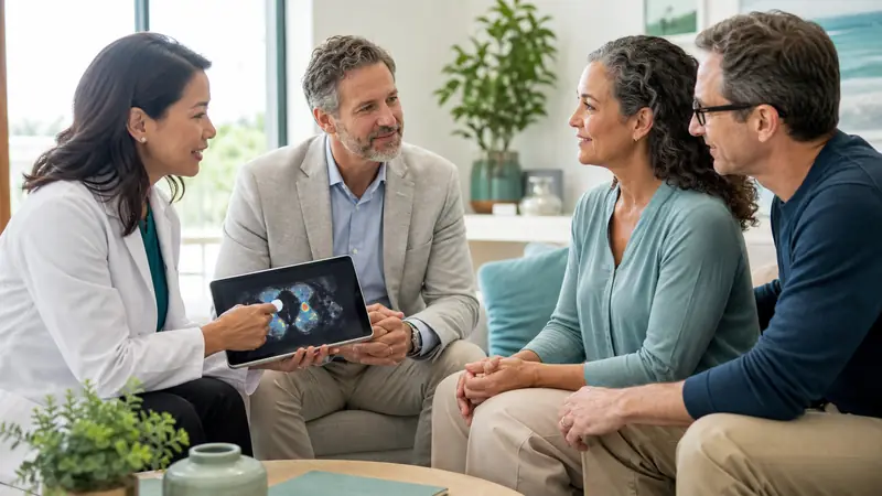 Oncology physicians meeting with a neuroendocrine tumor patient and partner about coordinated care