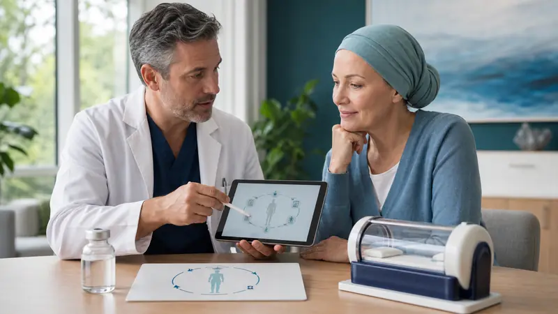 Integrative oncology physician reviewing distinct oxidative therapy options with a cancer patient