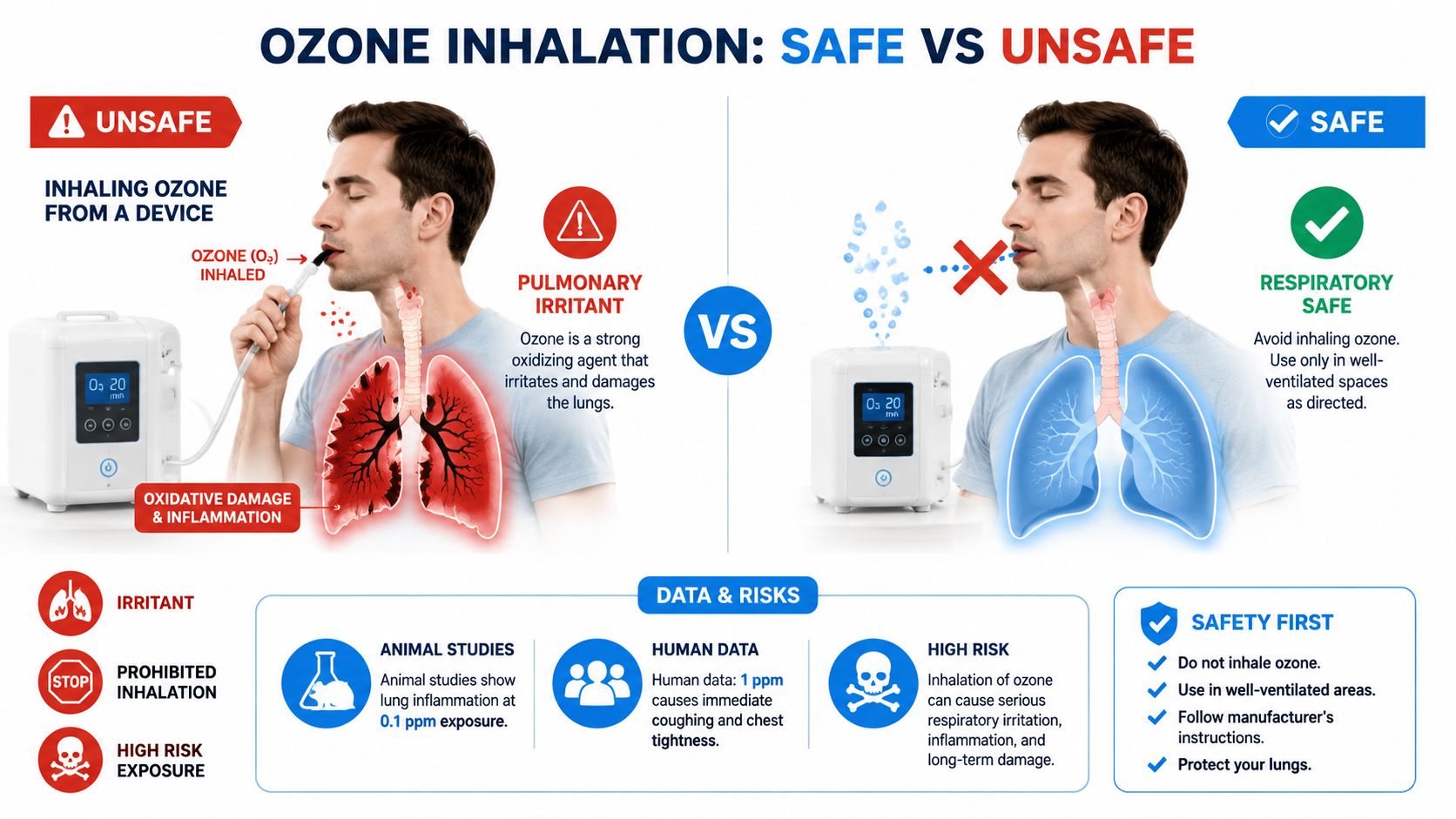 An infographic illustrating the dangers of ozone inhalation and recommended safety practices for ozone devices.
