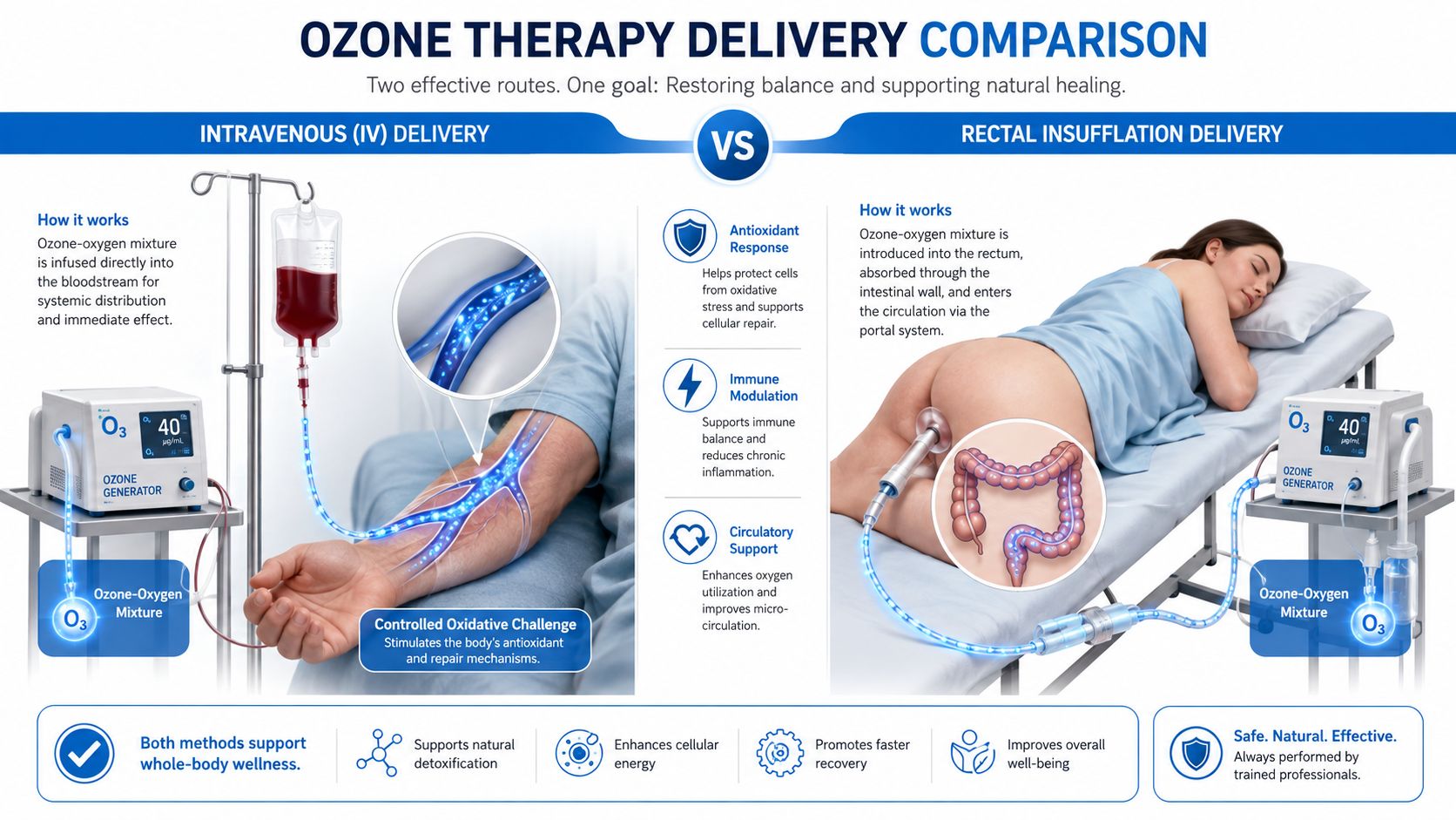 A comparative infographic showing intravenous and rectal ozone therapy delivery methods with descriptions of their benefits.