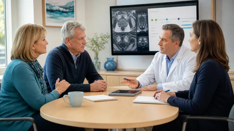 Oncology team meeting with a prostate cancer patient and partner about treatment and quality of life