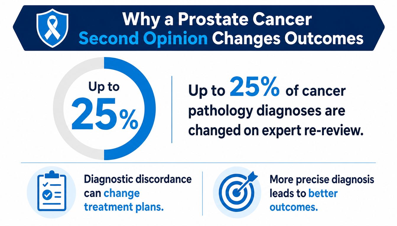 An infographic titled Why a Prostate Cancer Second Opinion Changes Outcomes, highlighting that pathology diagnoses change significantly.