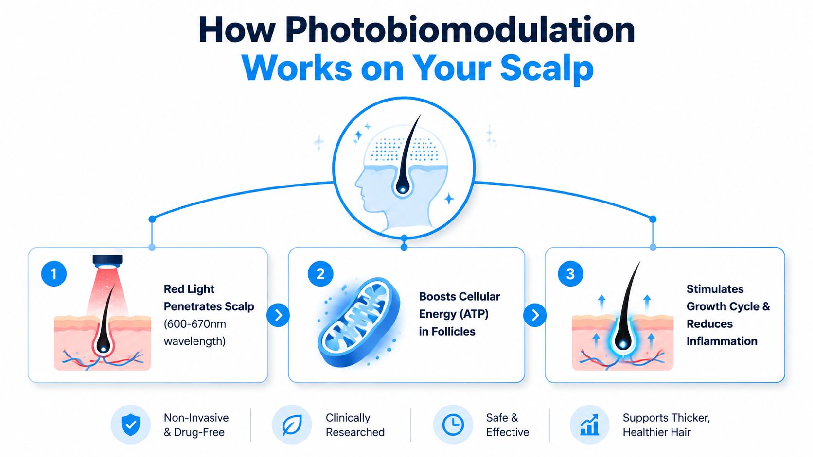 A diagram explaining how red light therapy works on the scalp to promote hair growth and health.
