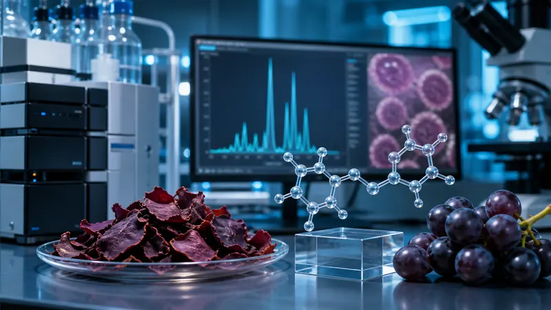 Resveratrol molecular model, grape skins and chromatography analysis in a cancer research laboratory