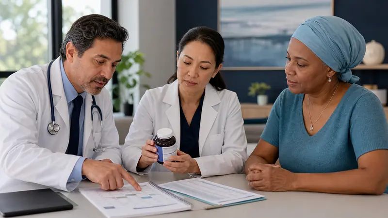 Oncology physician and pharmacist reviewing resveratrol supplement timing with a cancer patient