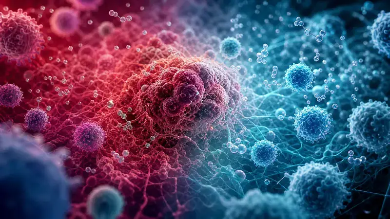 Scientific illustration of sodium bicarbonate buffering an acidic cancer tumor microenvironment and supporting immune-cell activity