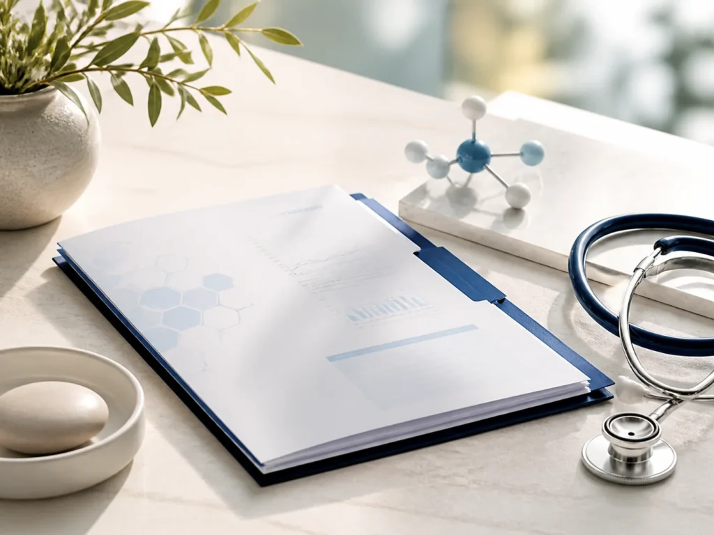 Medical laboratory results, molecular model and stethoscope representing healthy aging and hormone care