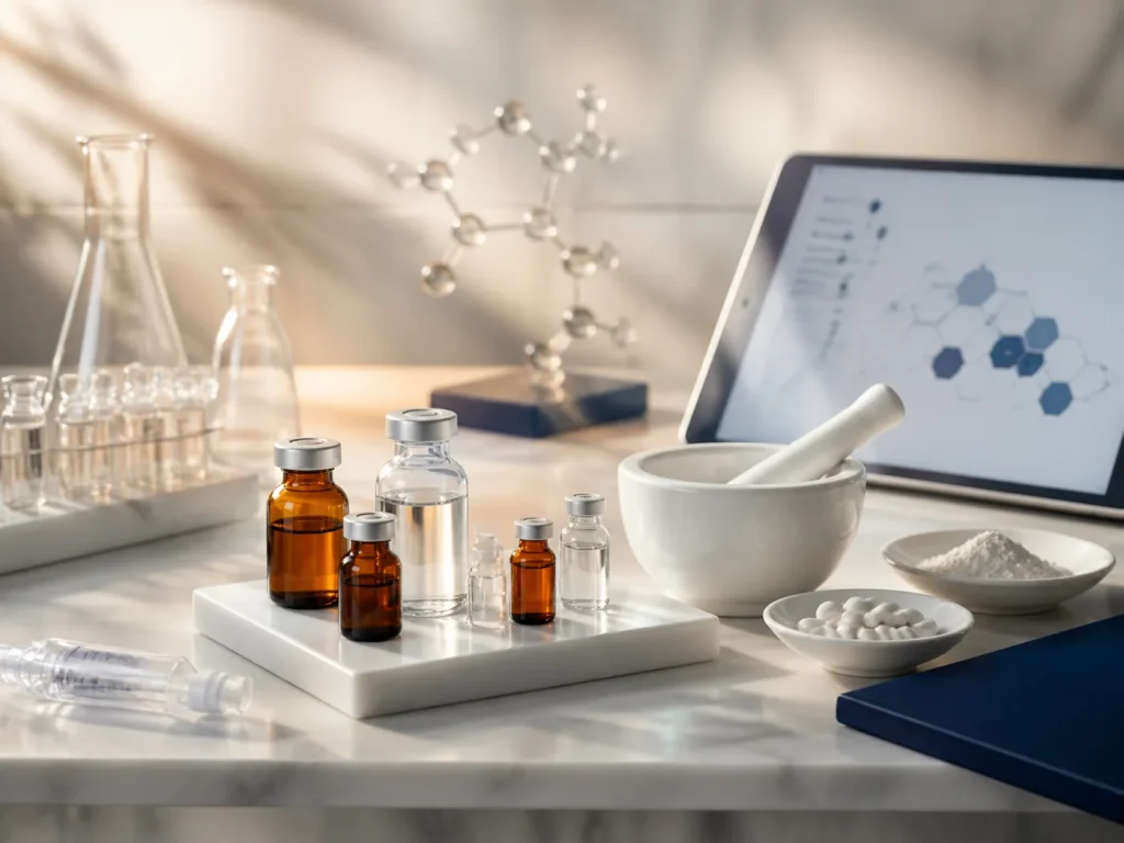 Unbranded medical vials, mortar and pestle, and molecular model representing peptide and compounded treatment support