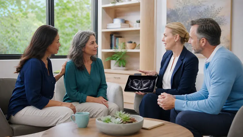 Woman with uterine cancer and family member discussing treatment and quality of life with clinicians