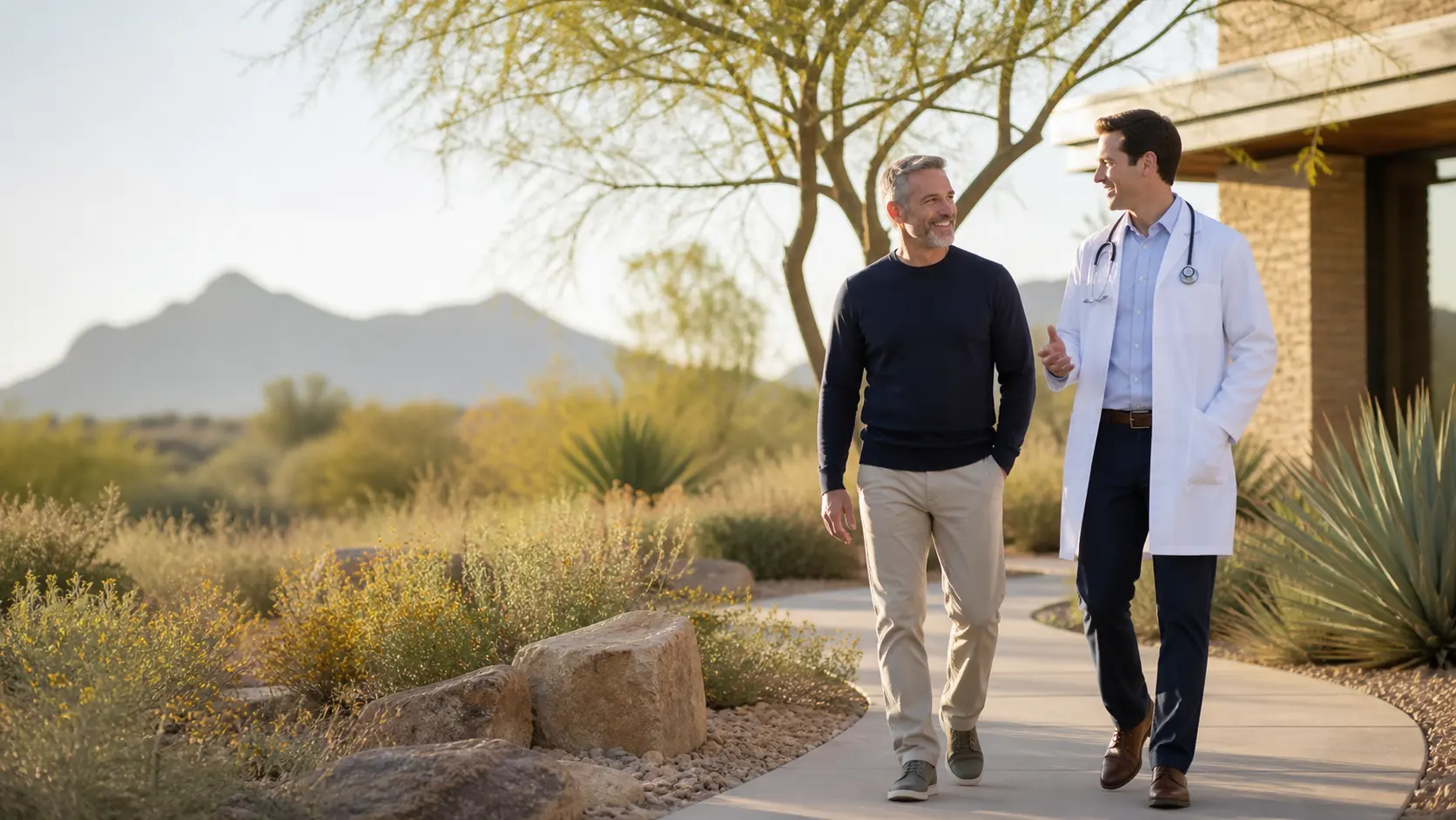 Patient and physician walking outside a Scottsdale medical clinic