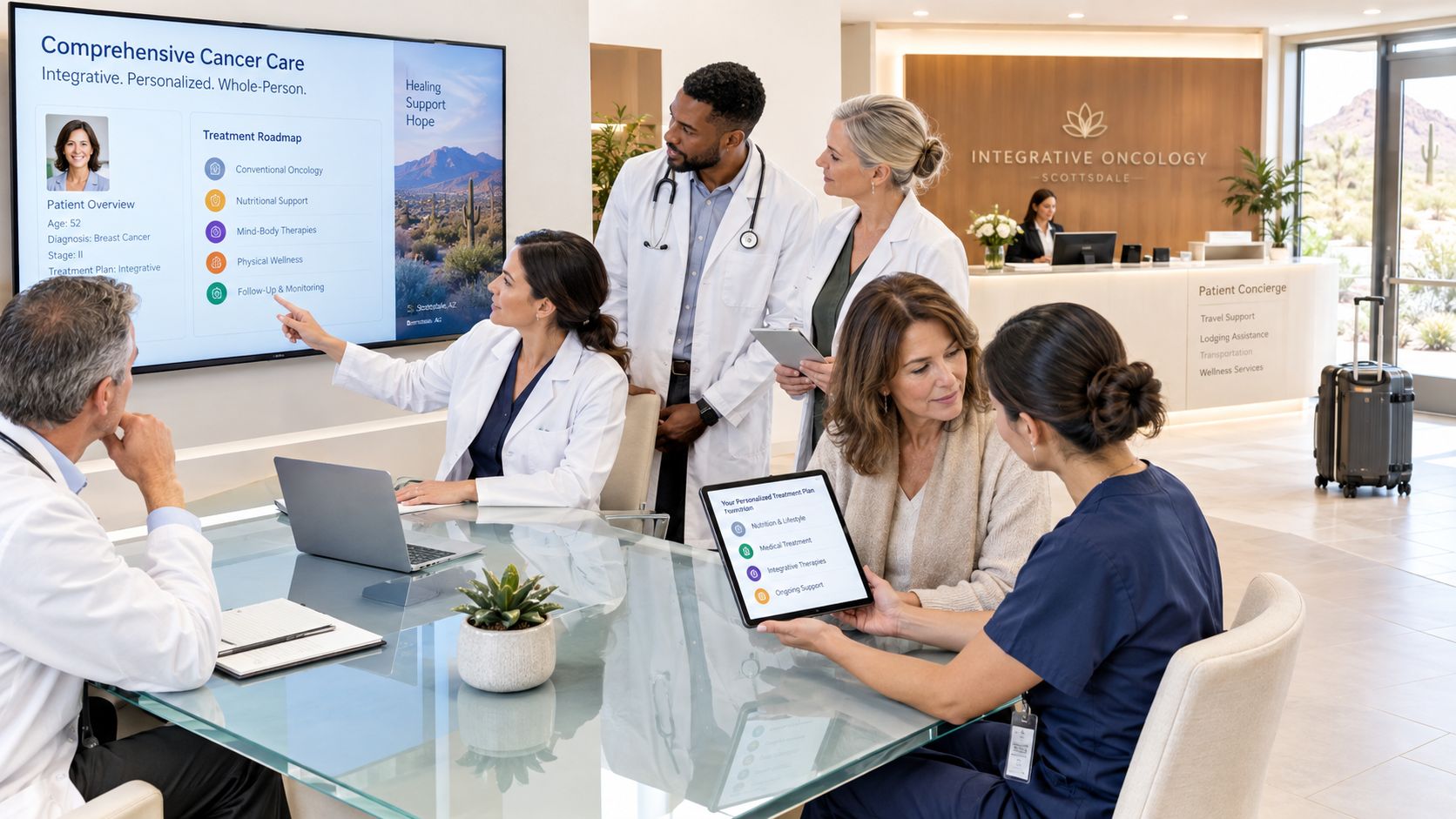 A team of medical professionals reviews a comprehensive cancer treatment plan with a patient in an office.