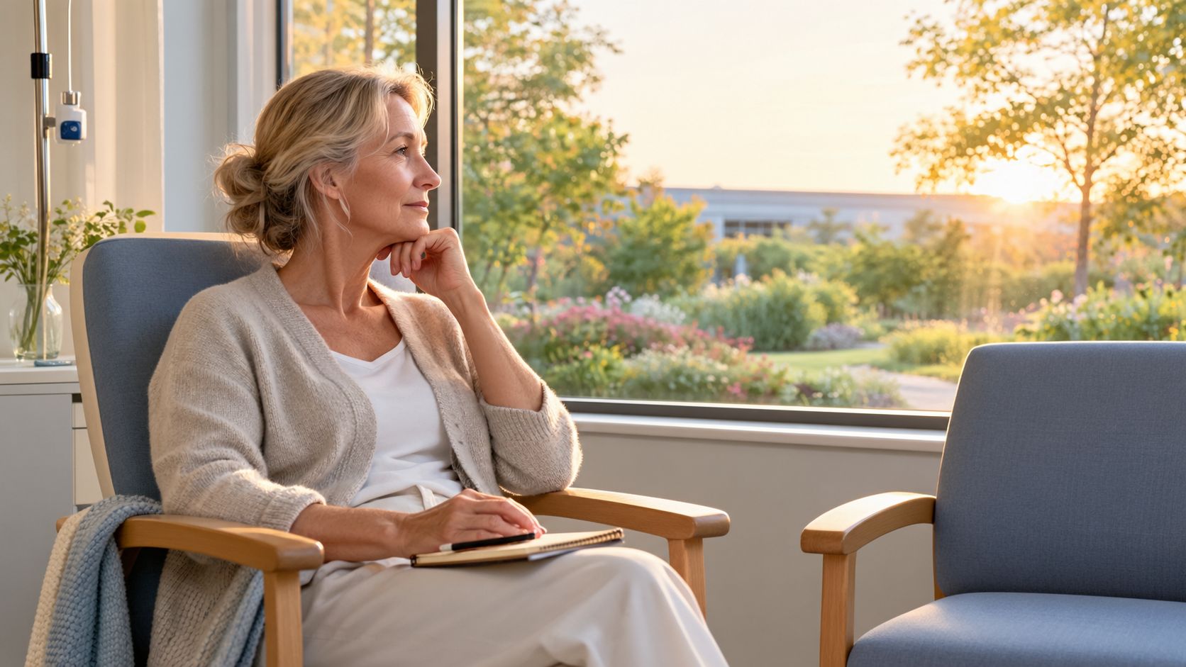 A serene woman resting in a chair by a sunny garden window, reflecting on her health journey.
