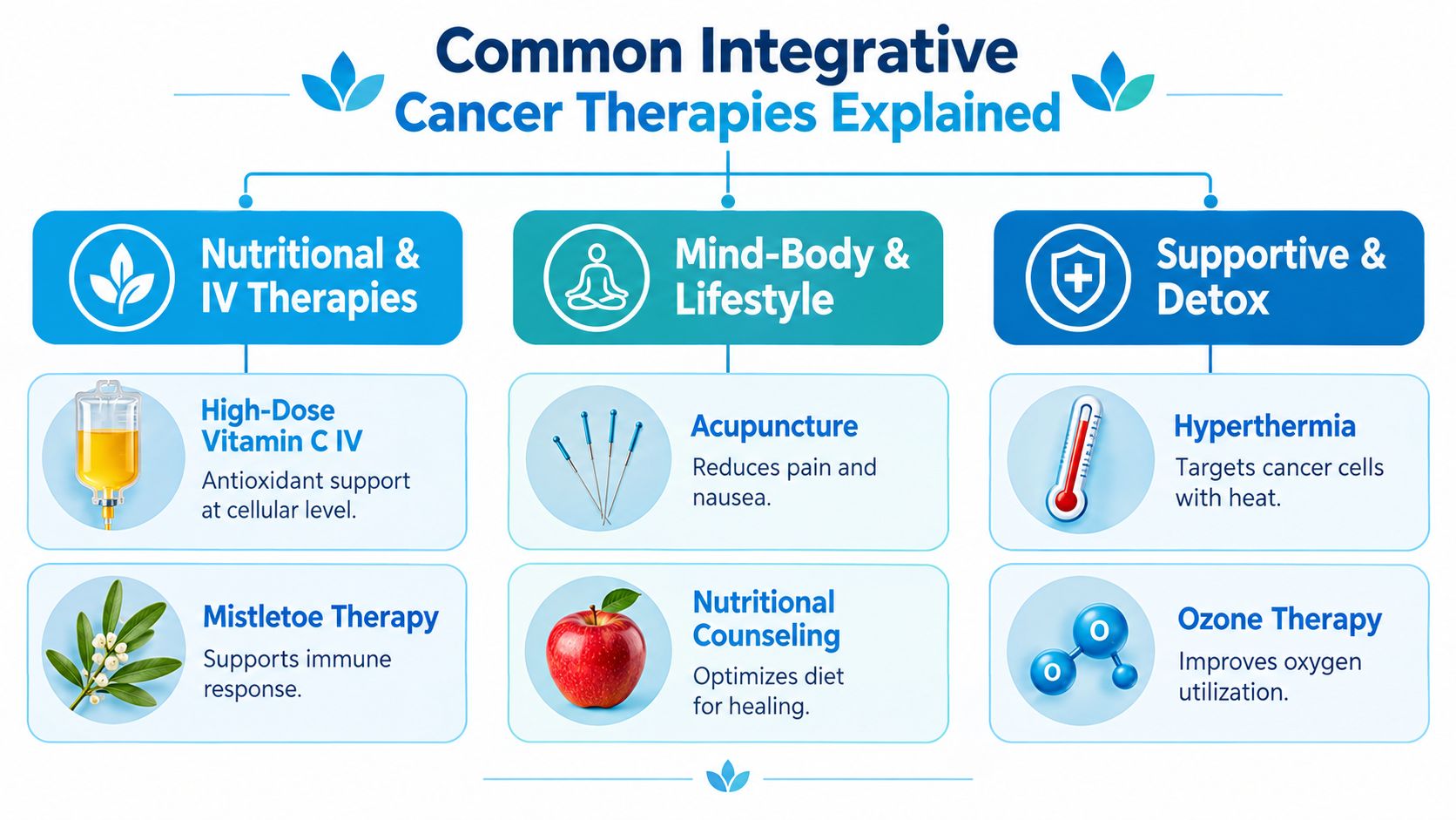 A visual guide explaining various integrative cancer therapies including IV treatments, lifestyle changes, and detoxification methods.
