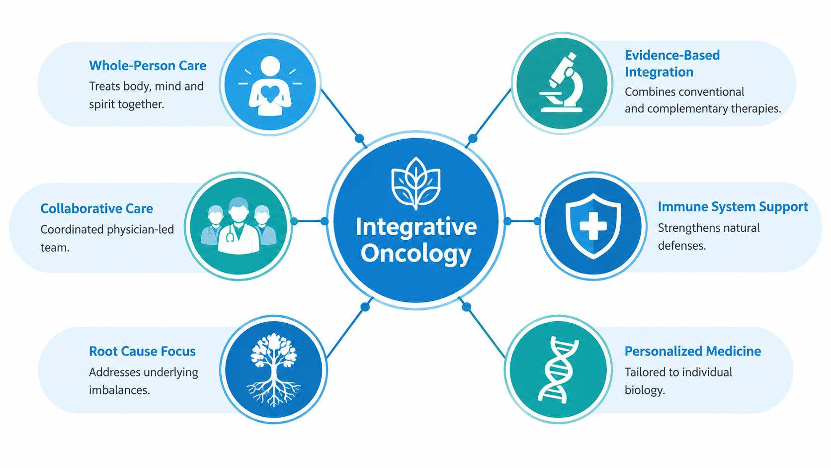 A diagram illustrating the six core components of integrative oncology including whole-person care and personalized medicine approaches.