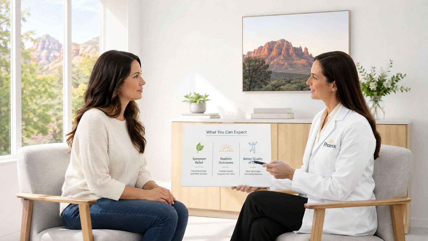 A practitioner explains an integrative oncology treatment plan to a patient in a bright, calming medical office.