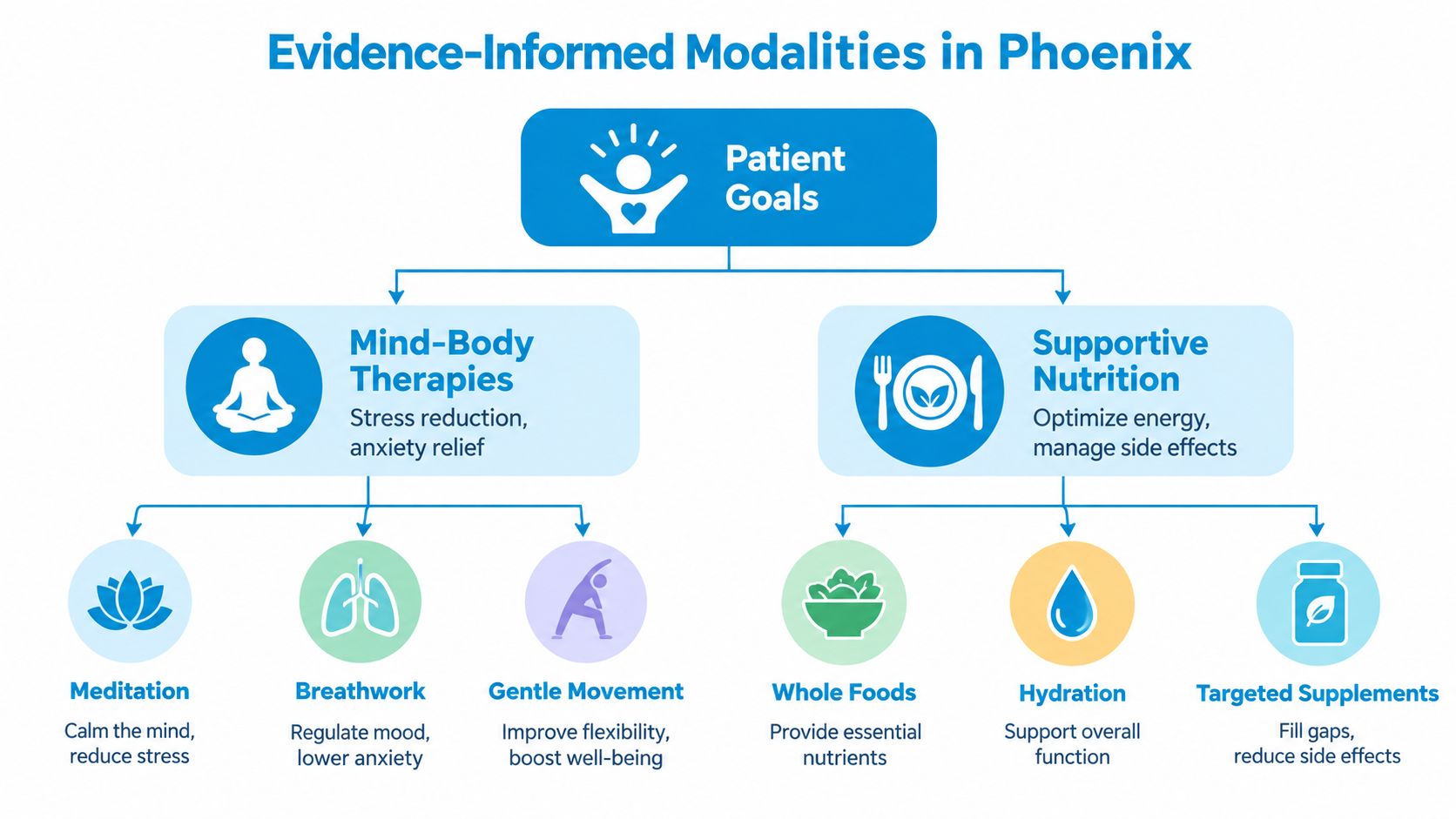 A chart showing Phoenix integrative oncology modalities, including mind-body therapies and supportive nutrition for patient goals.