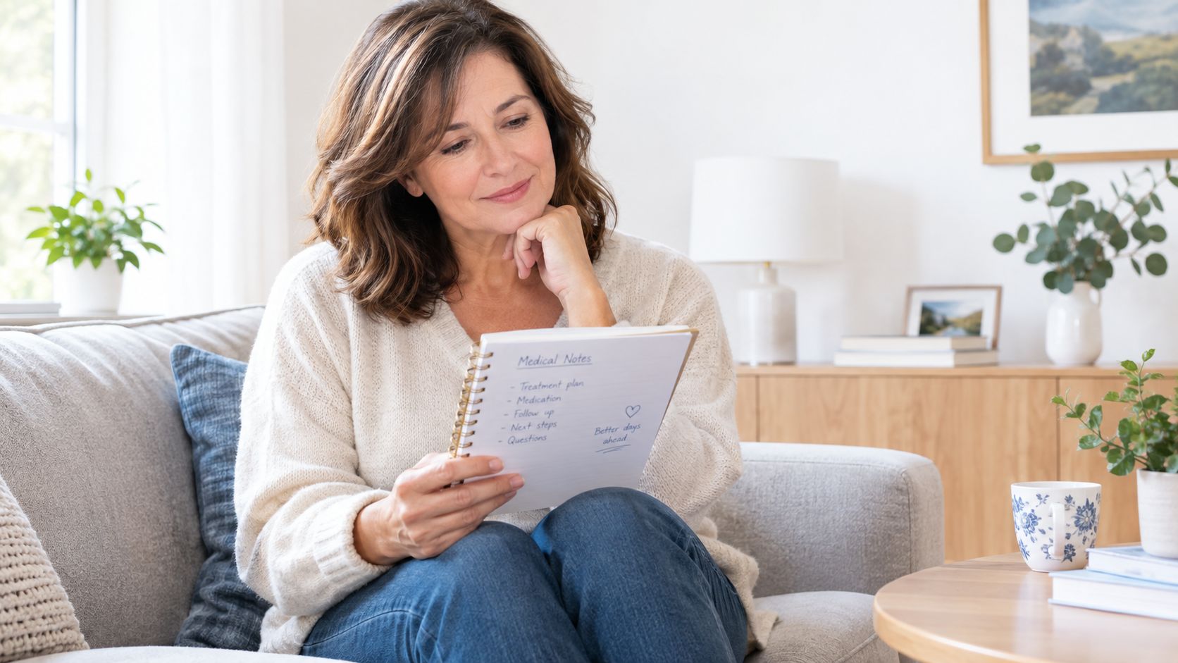 A woman sits on a sofa reviewing her handwritten medical notes in a spiral-bound notebook.