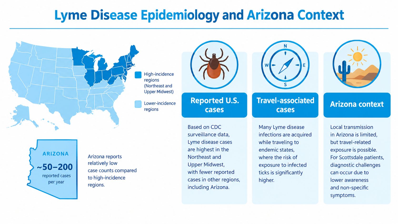 An infographic showing the epidemiology of Lyme disease in the United States and specifically in Arizona.