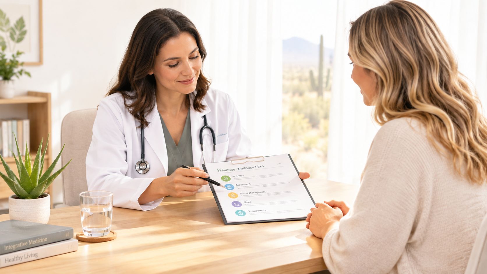 A female doctor in a white coat consulting with a patient about a wellness plan document.