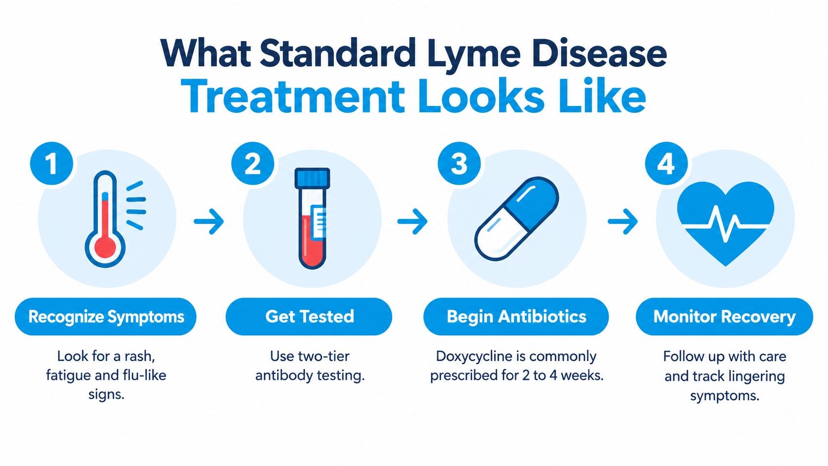 A four-step infographic showing the standard treatment process for Lyme disease, from symptom recognition to recovery monitoring.