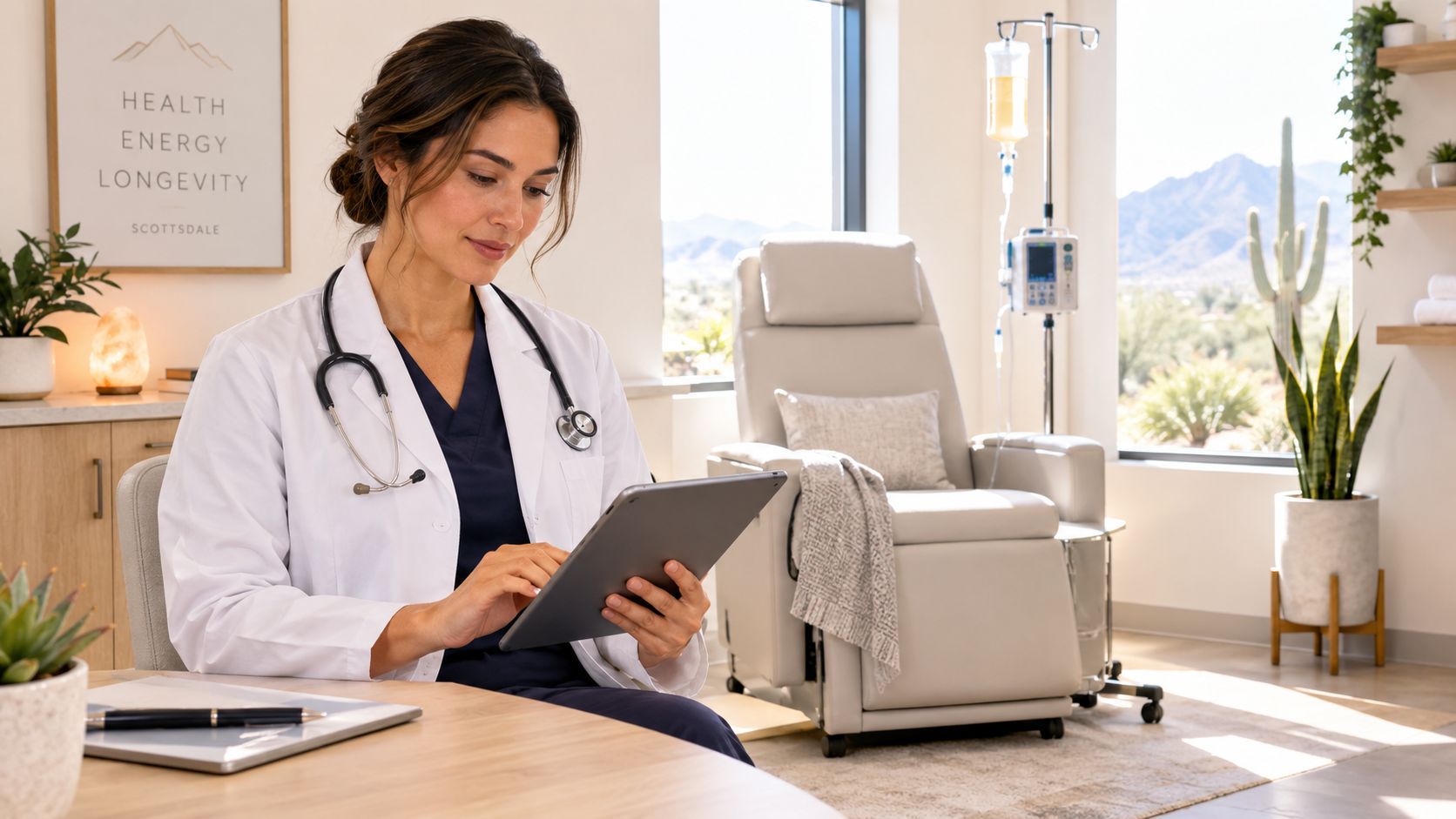 A professional female doctor using a tablet in a modern medical clinic with an IV drip station.