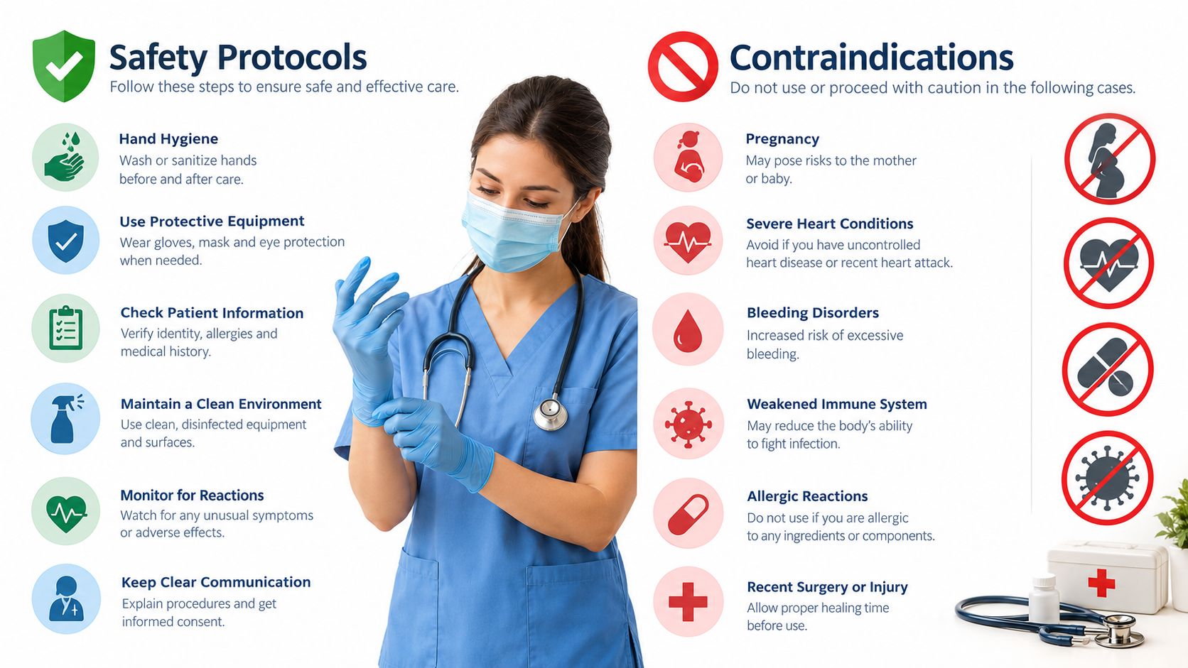 A healthcare professional prepares for a procedure, highlighting safety protocols and patient contraindications for medical treatments.