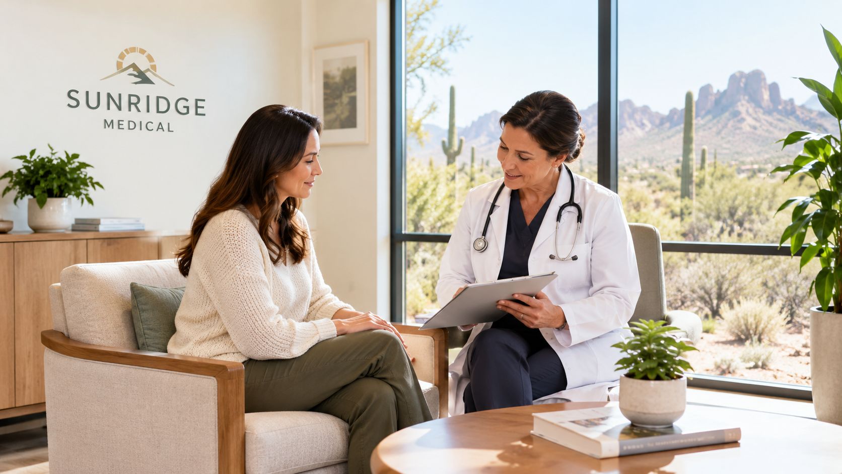 A female doctor in a white coat consulting with a patient in a bright medical office setting.