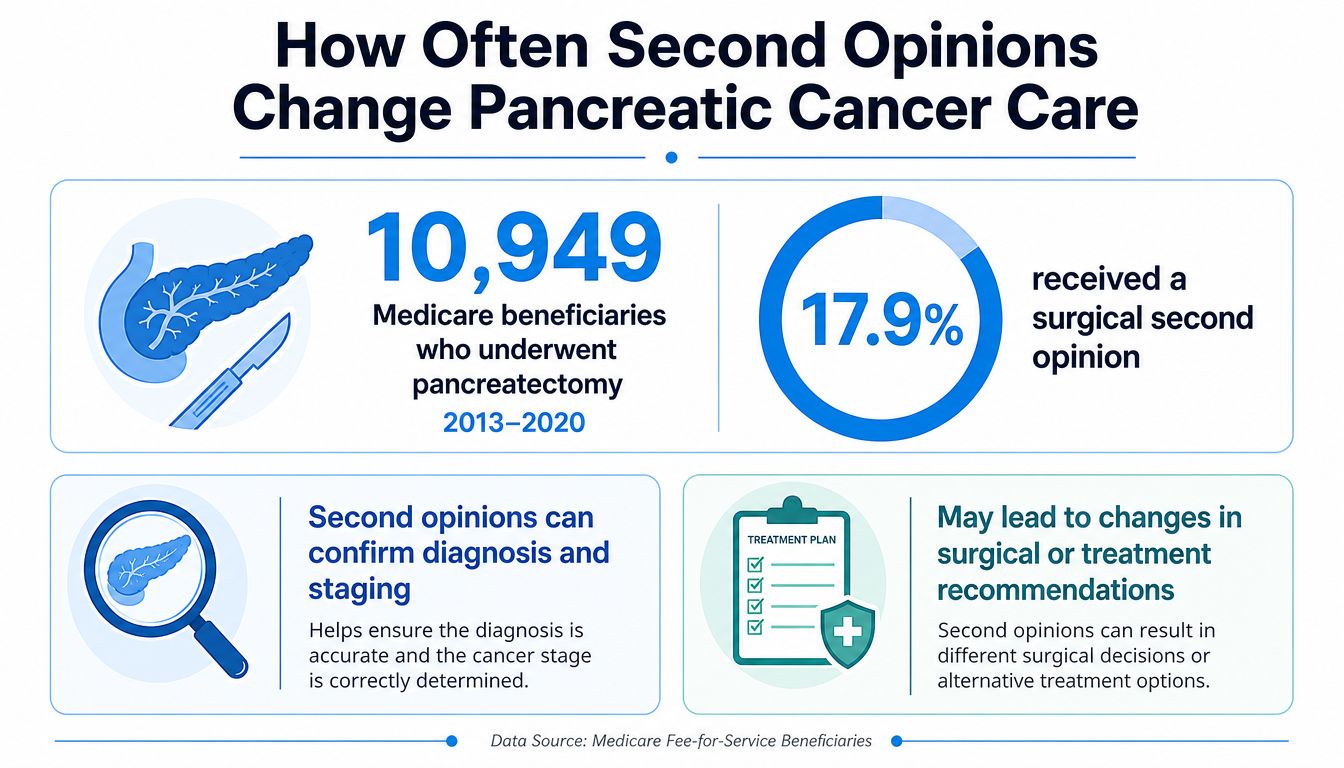 An infographic showing that 17.9% of 10,949 Medicare patients sought a second opinion for pancreatic cancer surgery.