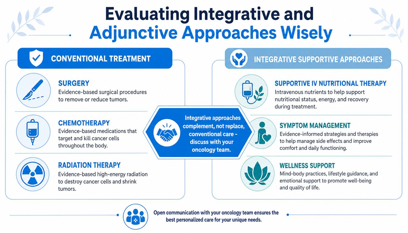 An infographic showing conventional cancer treatments alongside integrative supportive approaches for comprehensive patient care and wellness.