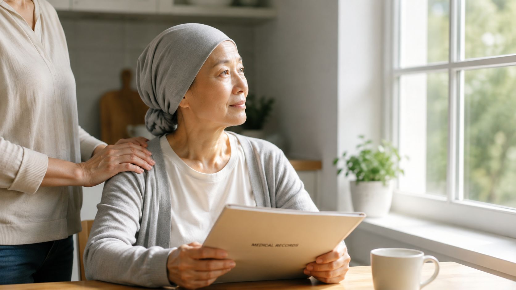 A caring woman comforting an elderly lady wearing a headscarf who holds a medical records file.