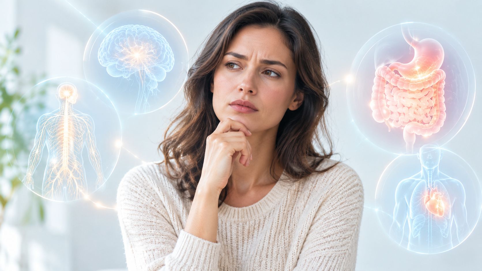 A concerned woman thinking about health, surrounded by glowing biological icons of the human brain, nerves, digestive tract, and heart.