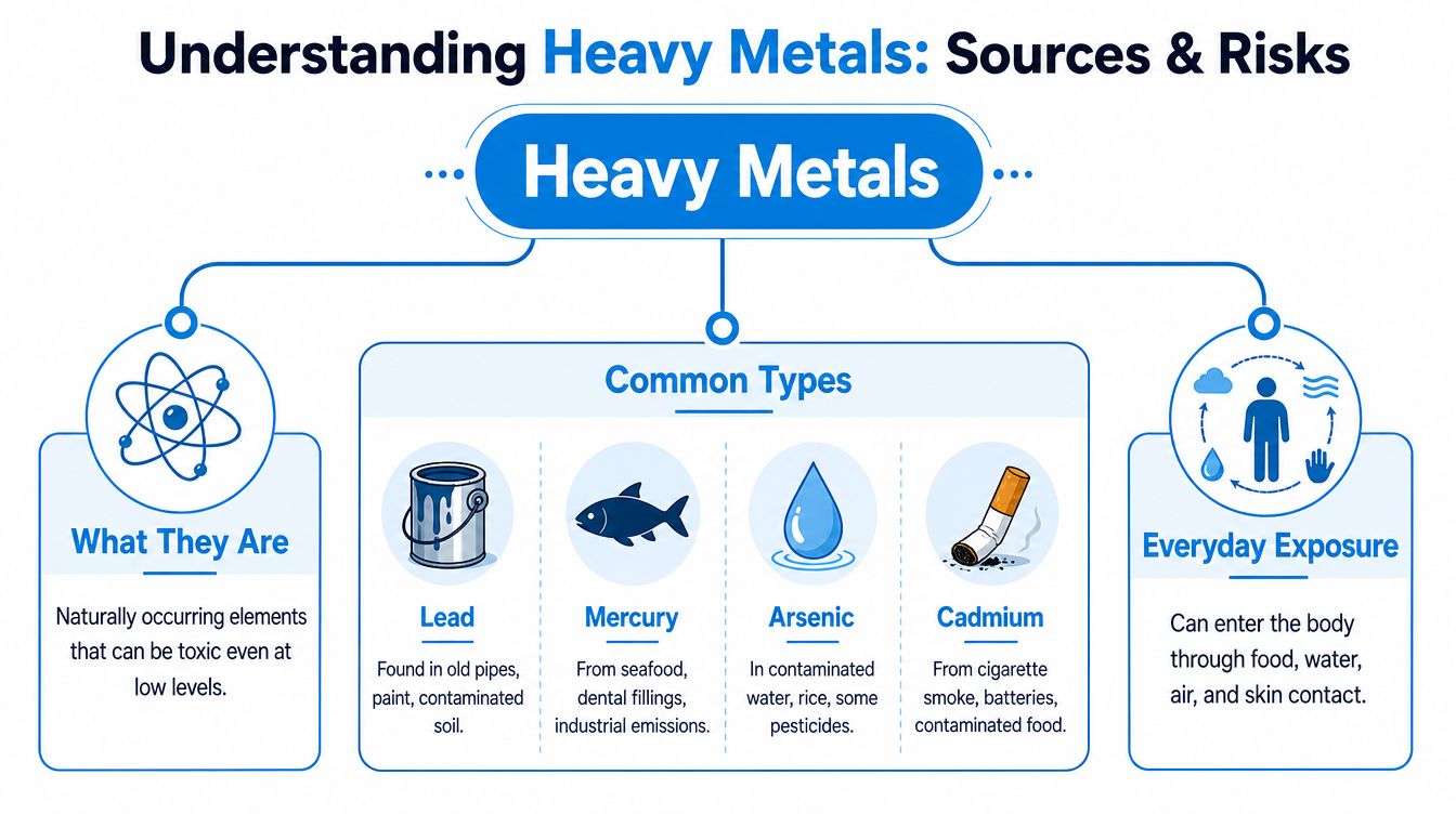 An infographic titled Understanding Heavy Metals explaining their sources, common types like lead and mercury, and exposure routes.