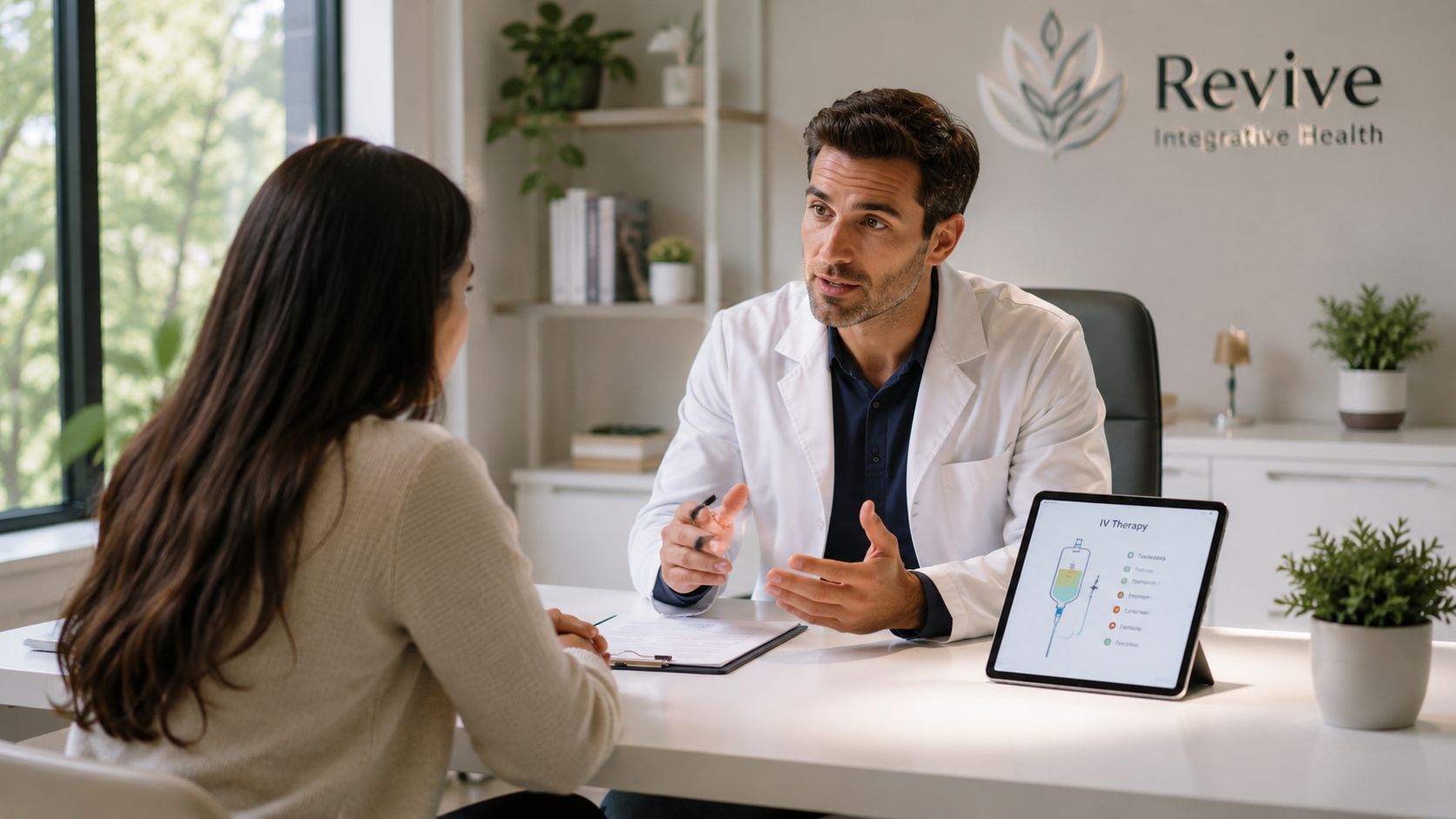 A male doctor in a white coat explains IV therapy to a female patient in a clinic.