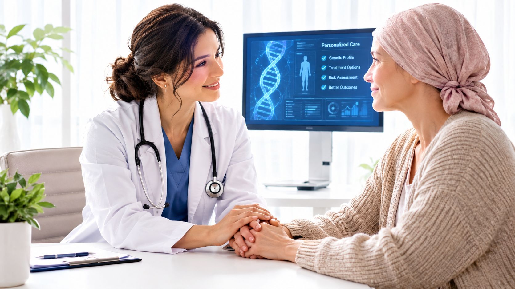 A compassionate doctor holding the hands of a patient wearing a headscarf during a medical consultation.