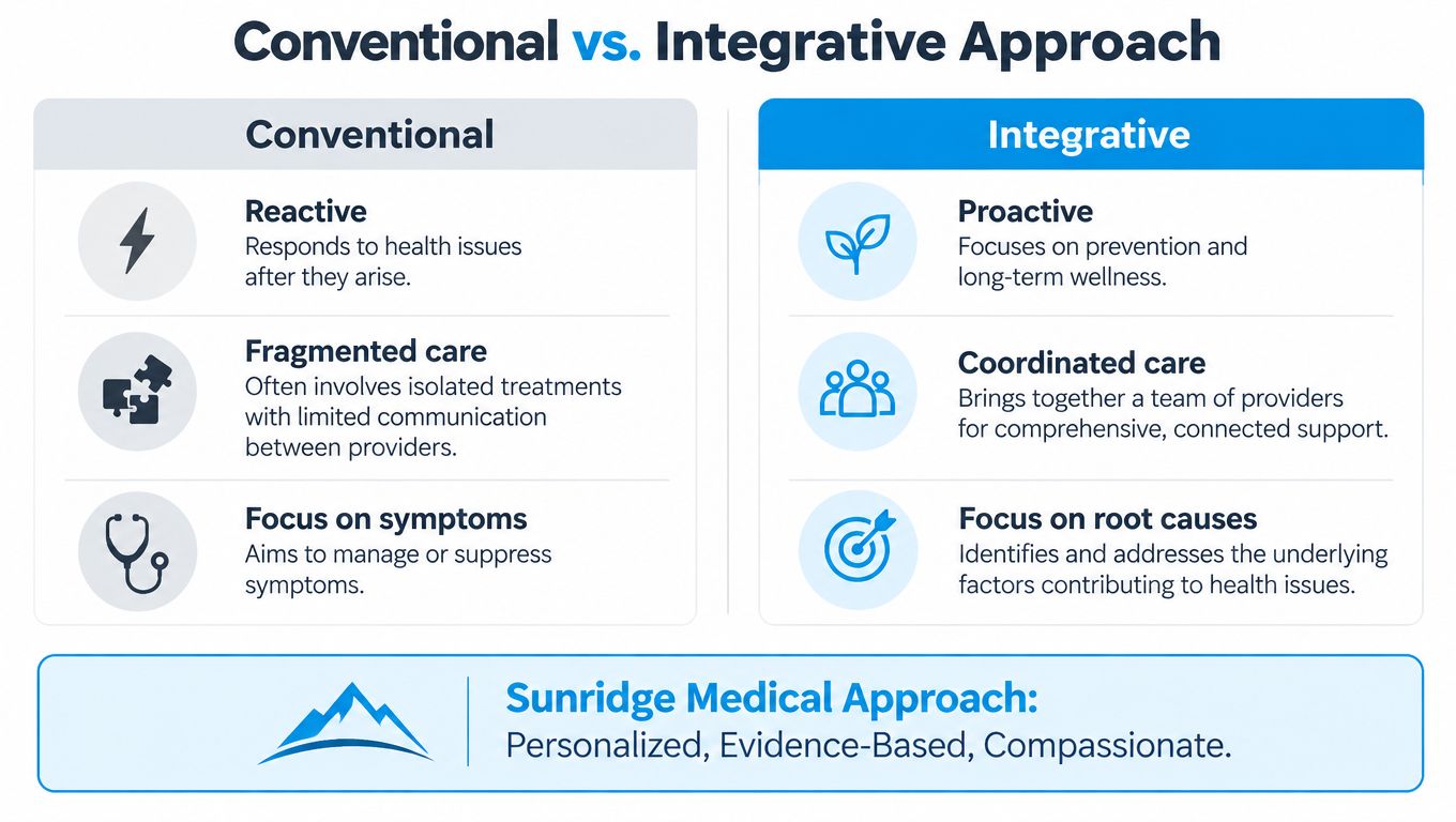 A comparison chart showing differences between conventional reactive medicine and integrative proactive, root-cause focused medical care approaches.