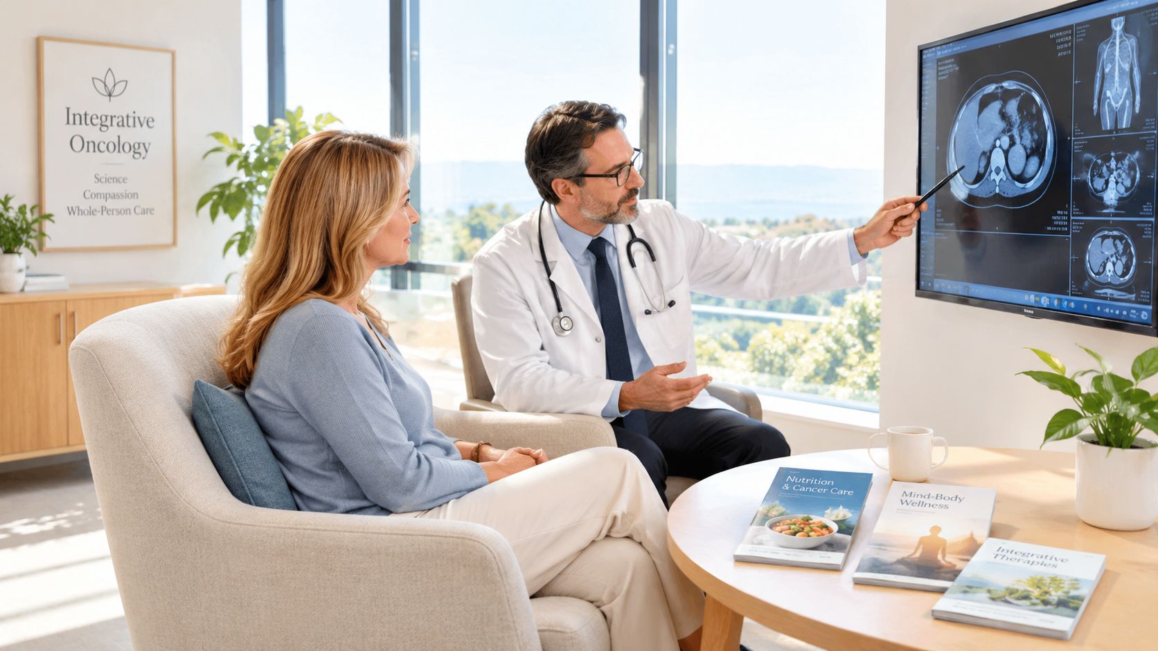 A doctor in a white coat explains medical scan results to a female patient in a clinic.