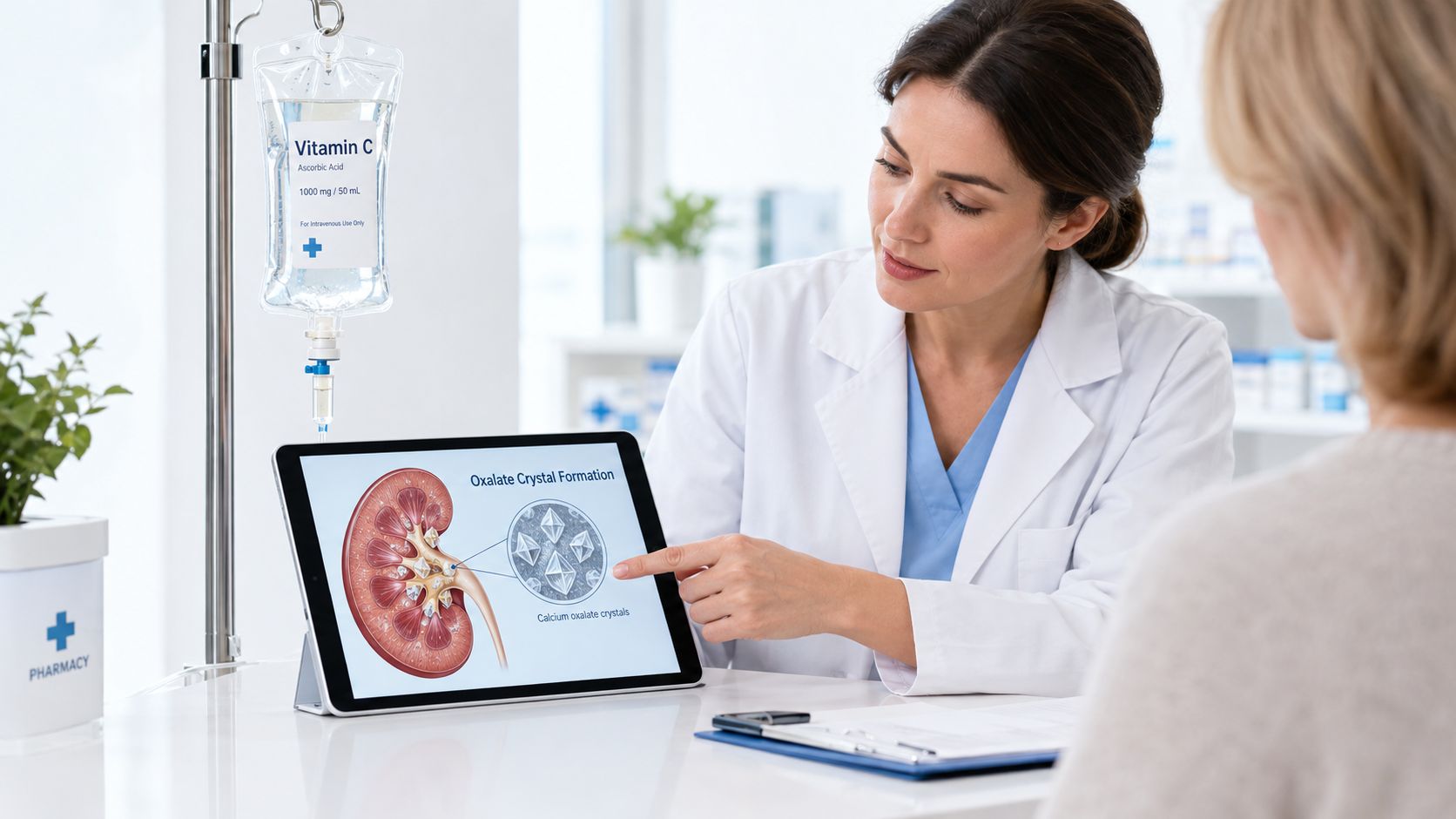 A female doctor pointing to a digital tablet explaining kidney stones to her patient during consultation.