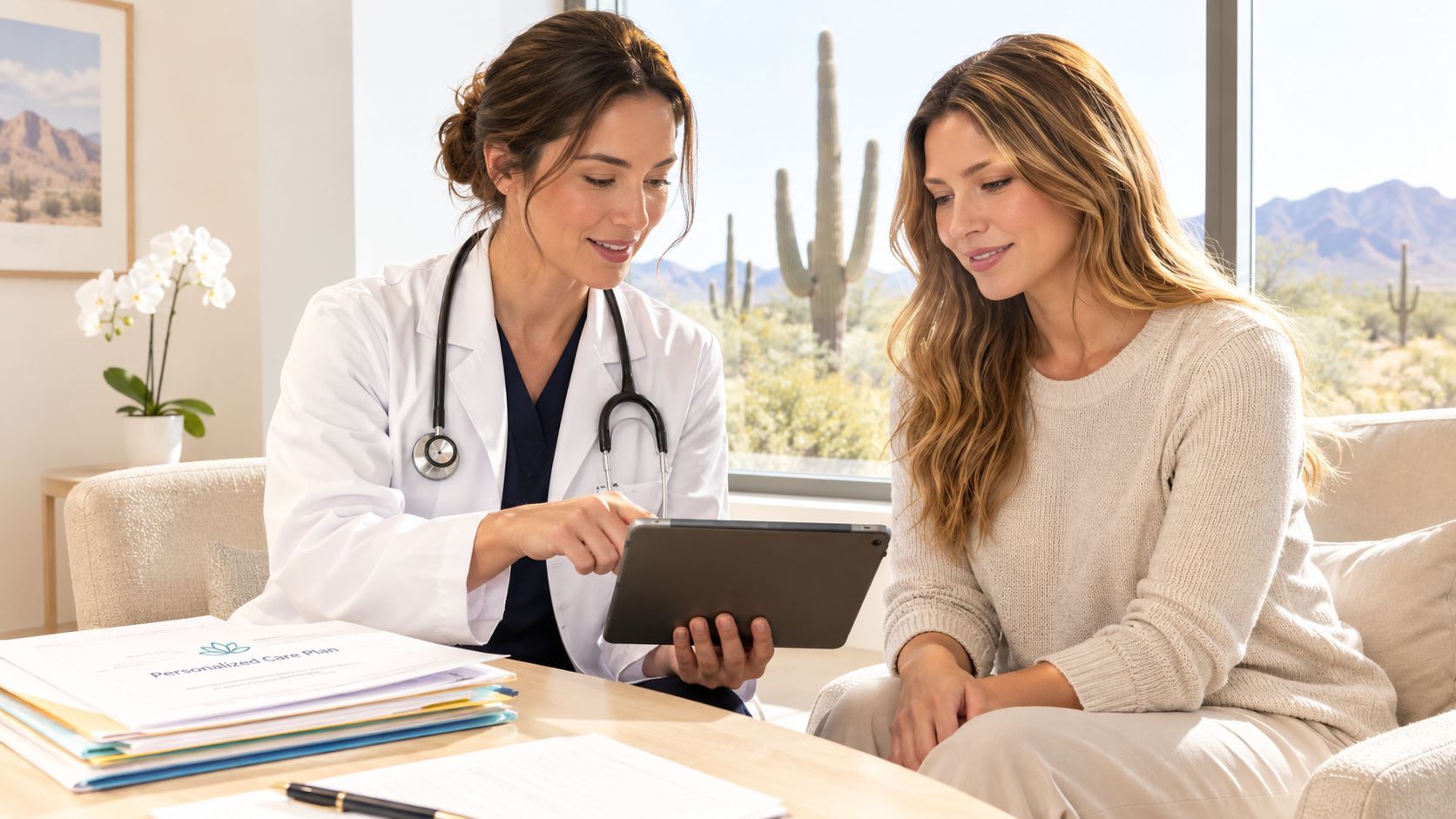 A female doctor in a lab coat discusses a personalized care plan with her patient on a tablet.