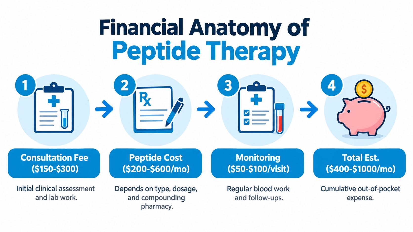 A four-step infographic showing the estimated monthly out-of-pocket costs for clinical peptide therapy treatment.